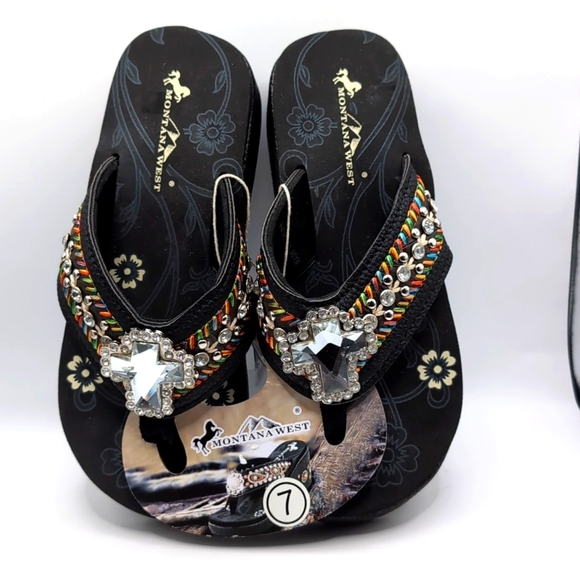 NWT Montana West Black Jeweled Cross Decor Bling Sandals - Size 7 - Picture 13 of 14